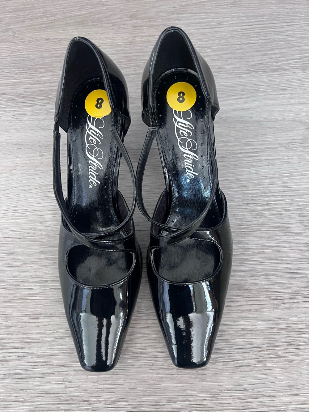 Life Stride Black Patent Mary Jane Heels with Cross Strap